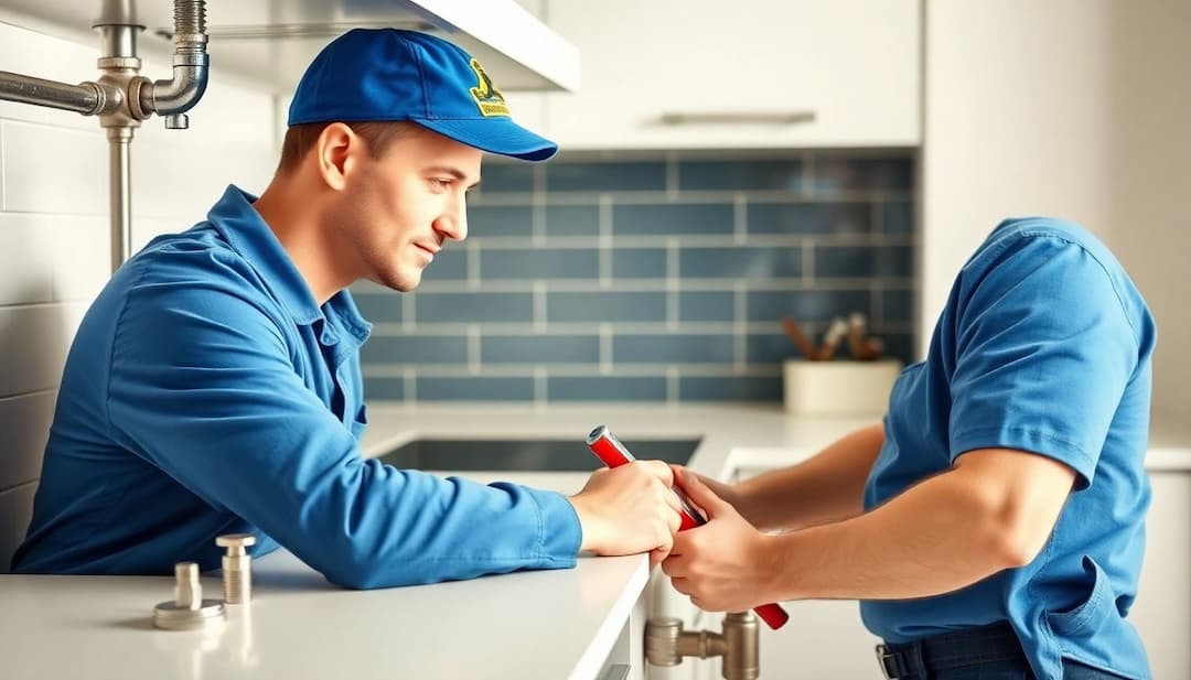 Plumber in a blue uniform repairing pipes at a kitchen sink