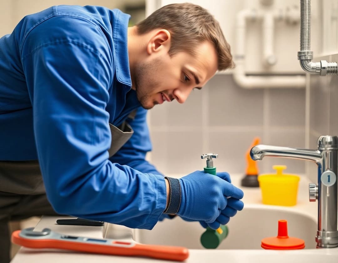 Plumber in green gloves repairing a kitchen faucet