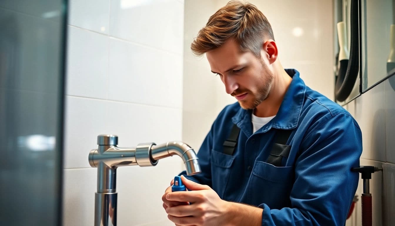 Plumber in coveralls tightening a chrome pipe fitting on a wall