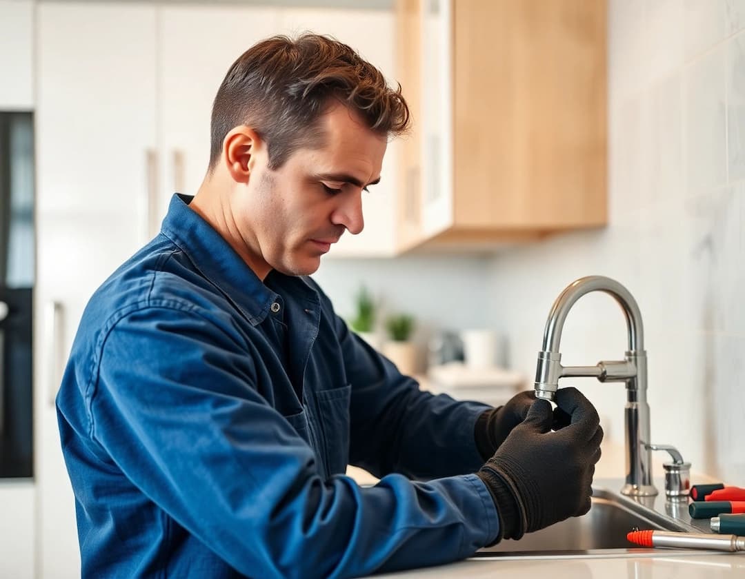 Plumber in gloves installing a gooseneck kitchen faucet