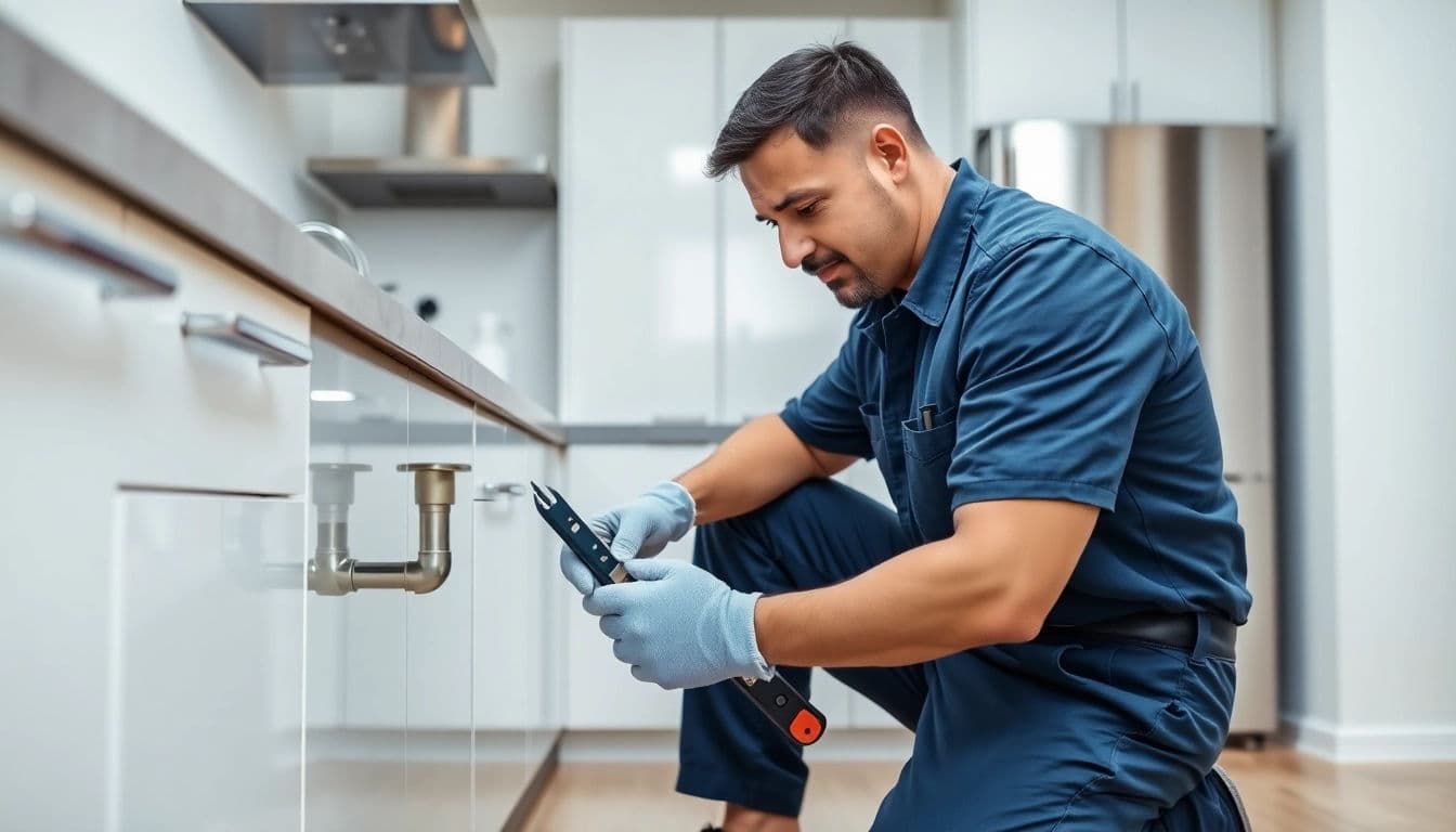 Plumber repairing the drain beneath a kitchen counter with a wrench