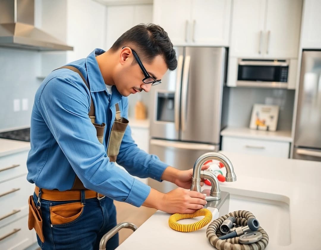 Plumber with a tool belt working on a kitchen faucet, drain snake at hand