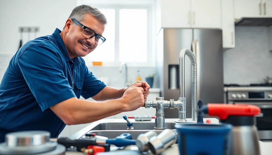 Plumber taking notes beside tools and pipe fittings in a kitchen