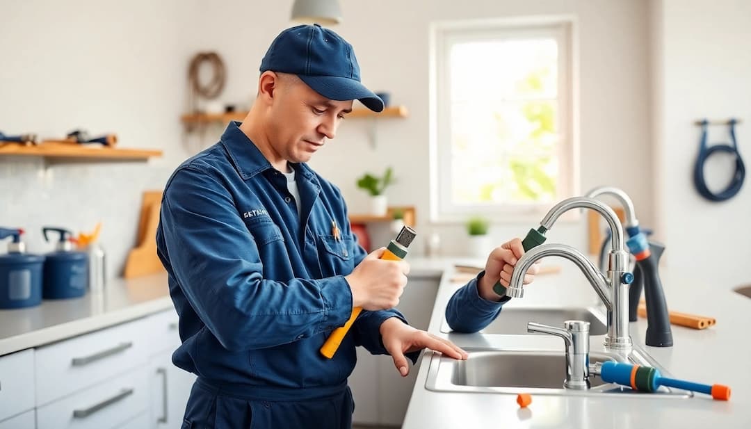 Plumber in a cap repairing a kitchen faucet