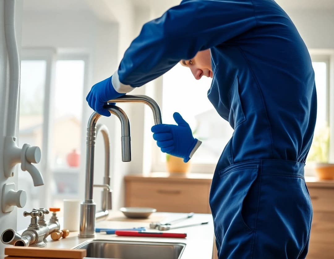 Plumber leaning in to inspect a pulled-out kitchen faucet