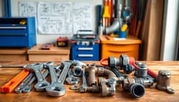Wrenches, pipe fittings and tools laid out on a workbench