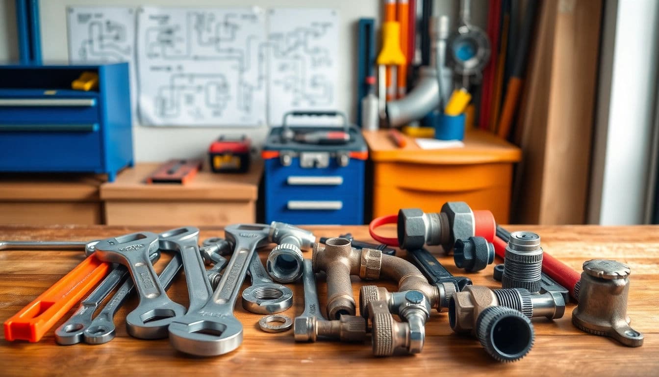 Wrenches, pipe fittings and tools laid out on a workbench