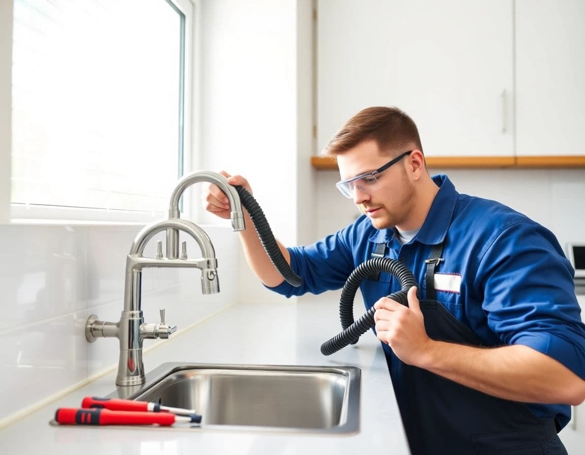 Plumber in safety glasses installing a chrome faucet at a stainless sink