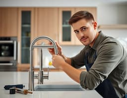 Plumber tightening a kitchen faucet base with a wrench