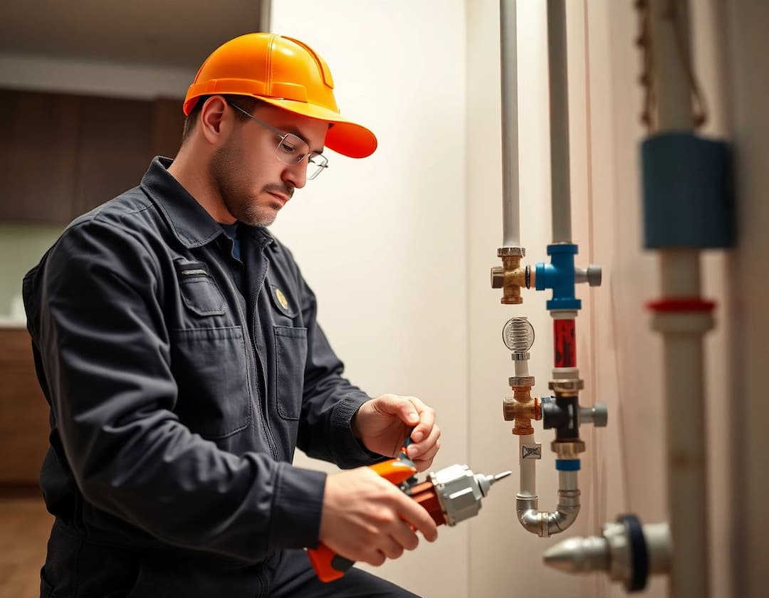 Plumber in a hard hat working on pipe valves in a utility room