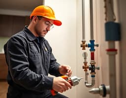 Plumber in a hard hat working on pipe valves in a utility room
