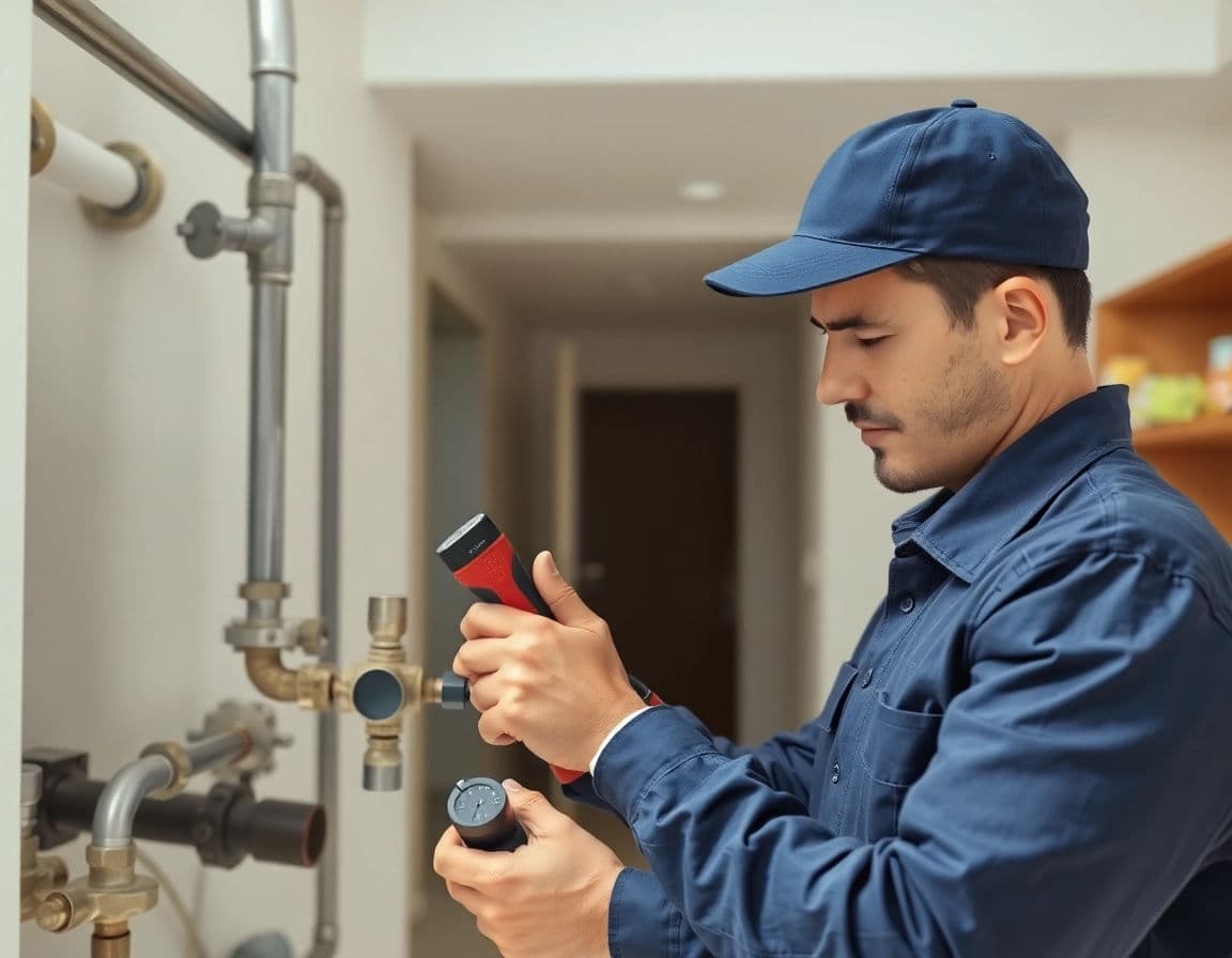 Plumber inspecting copper and PVC pipework
