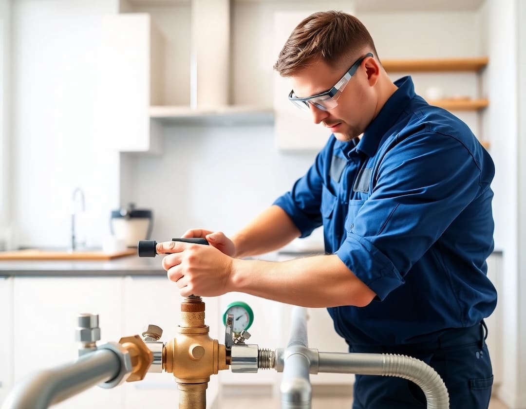 Plumber in safety glasses working on a brass valve assembly at a sink