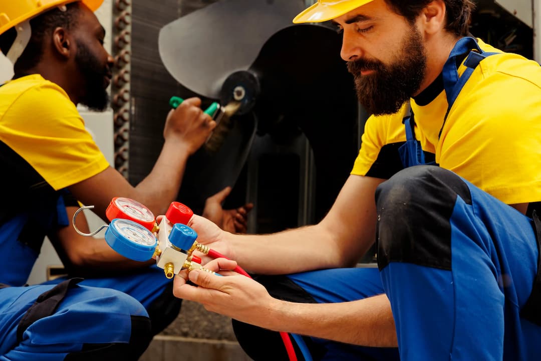 Two plumbers in hi-vis workwear working together on a pipe repair
