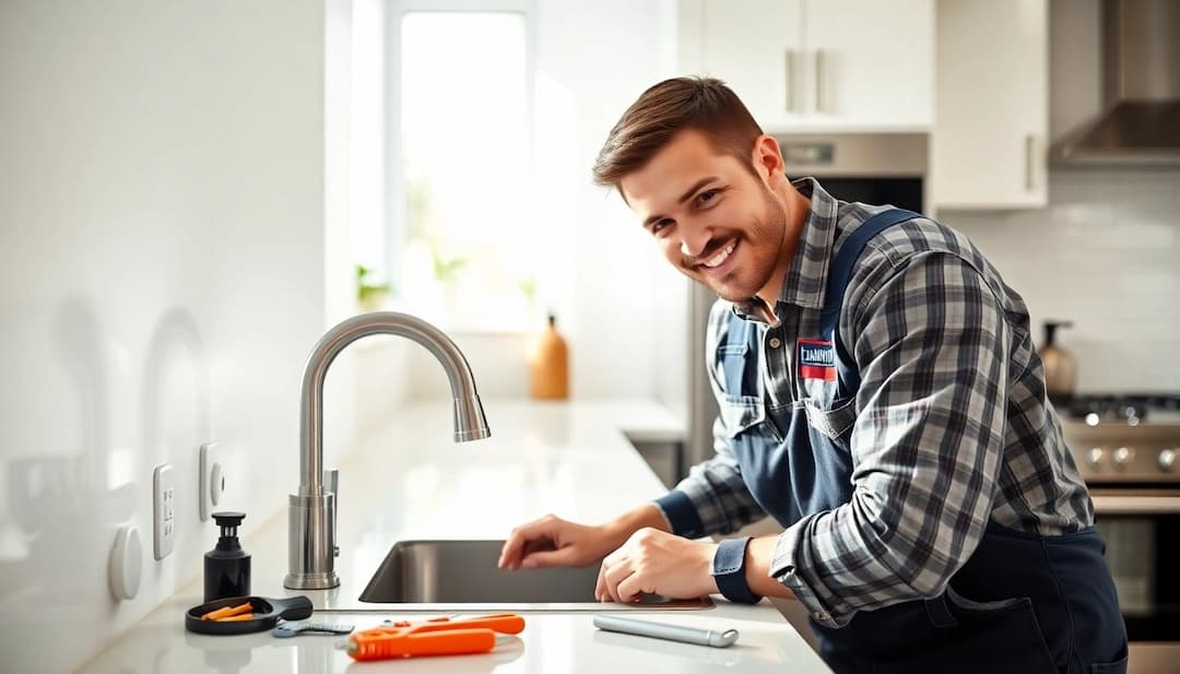 Plumber kneeling at a kitchen sink with tools on the counter