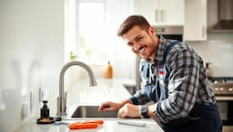 Plumber kneeling at a kitchen sink with tools on the counter