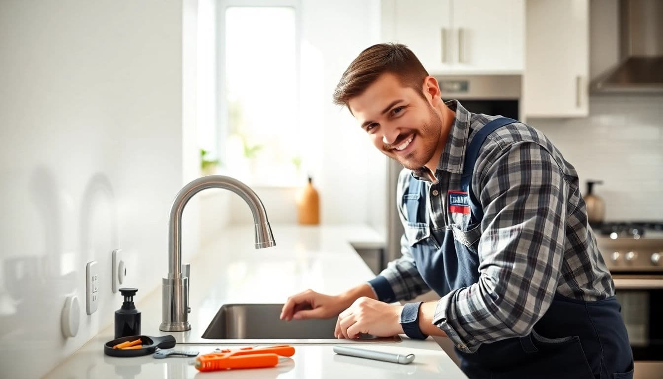 Plumber kneeling at a kitchen sink with tools on the counter