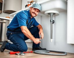Plumber crouching to repair a drain pipe under a sink