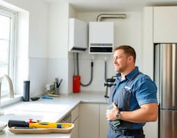 Plumber standing in a kitchen beside exposed pipework