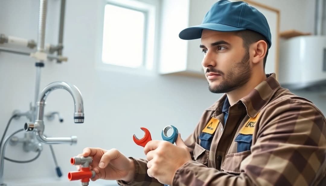 Plumber holding a wrench while working on a faucet by a window
