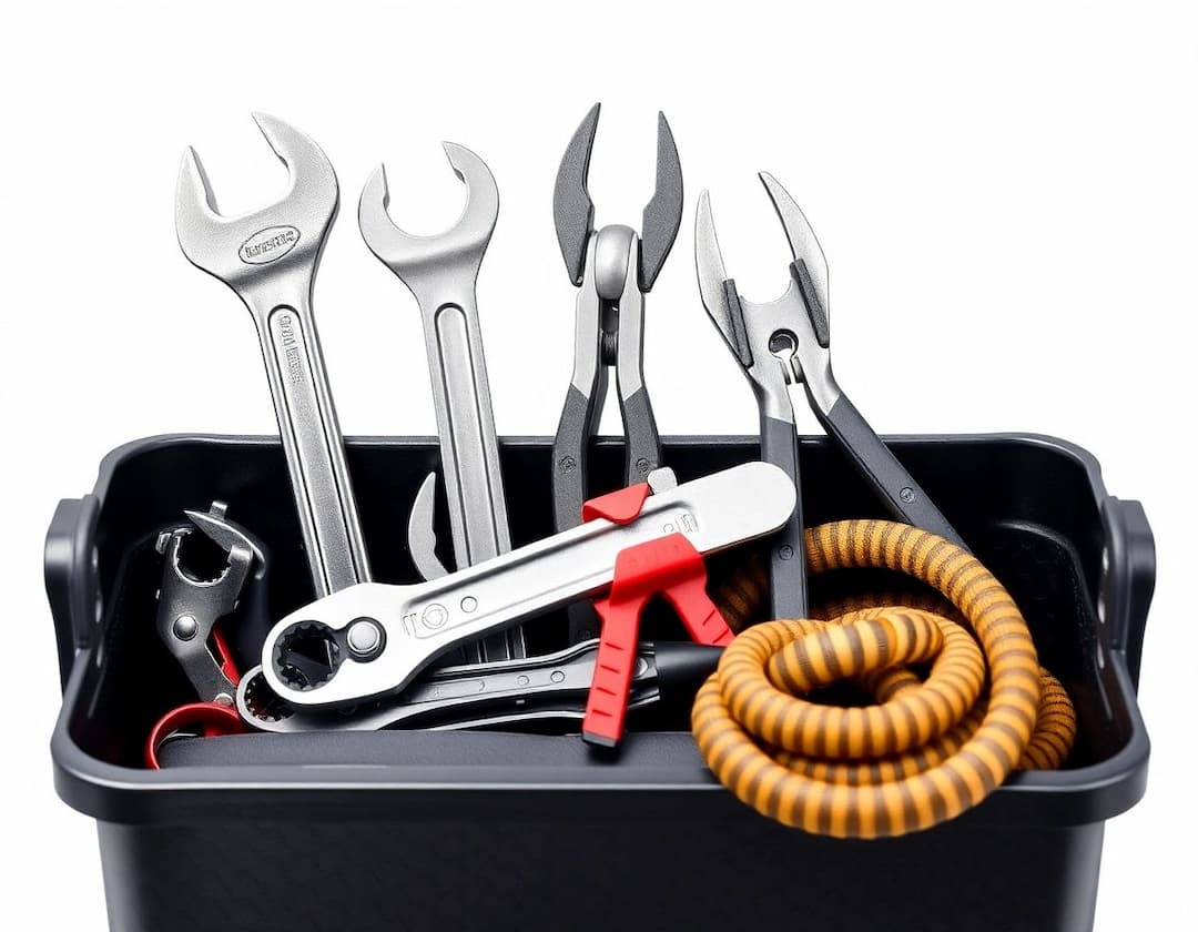 Toolbox with wrenches, pliers and a coiled drain auger