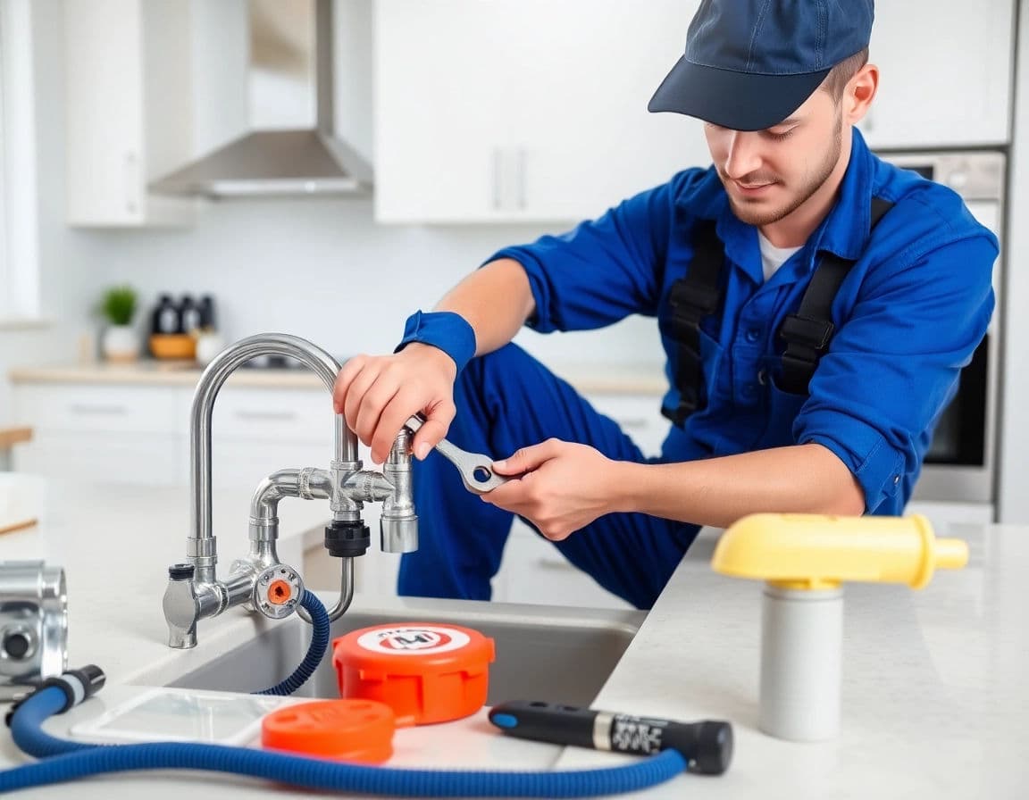 Plumber assembling faucet parts on a kitchen counter