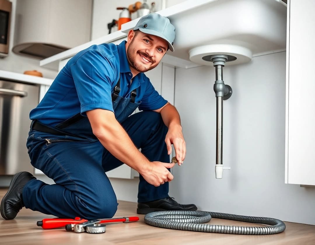 Plumber crouching to repair a drain pipe under a sink