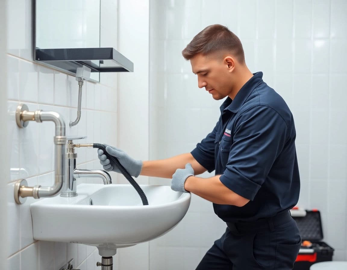 Plumber using a drain snake to clear a clogged bathroom sink